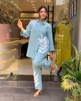 Women’s Solid Co-Ord Set with Leaf Print – Stylish Shirt & Pant Set for Casual & Office Wear