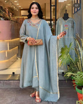 Premium Grey Chanderi Embroidered Kurti Pant Dupatta Set for Women