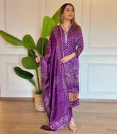 Women’s Purple Printed Kurti Pant Dupatta Set with Zari Neck Work