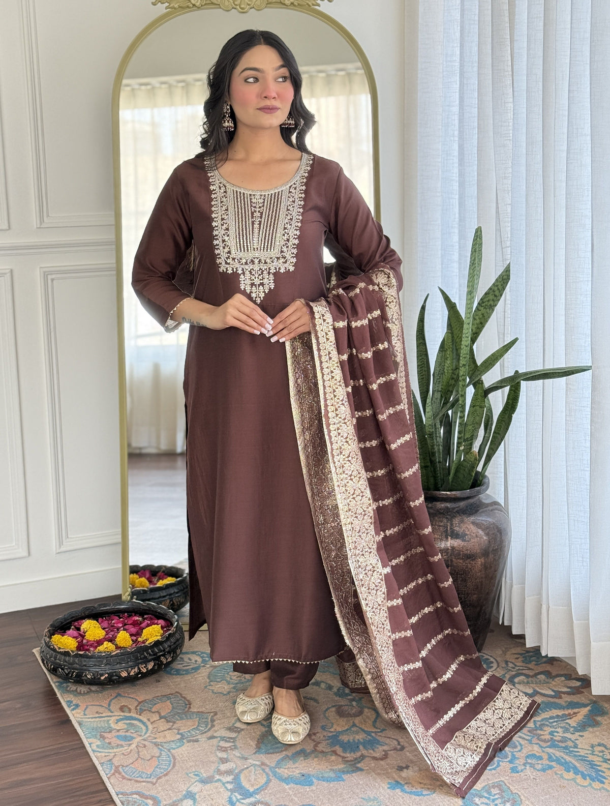 Brown yoke design kurta with trousers and dupatta.