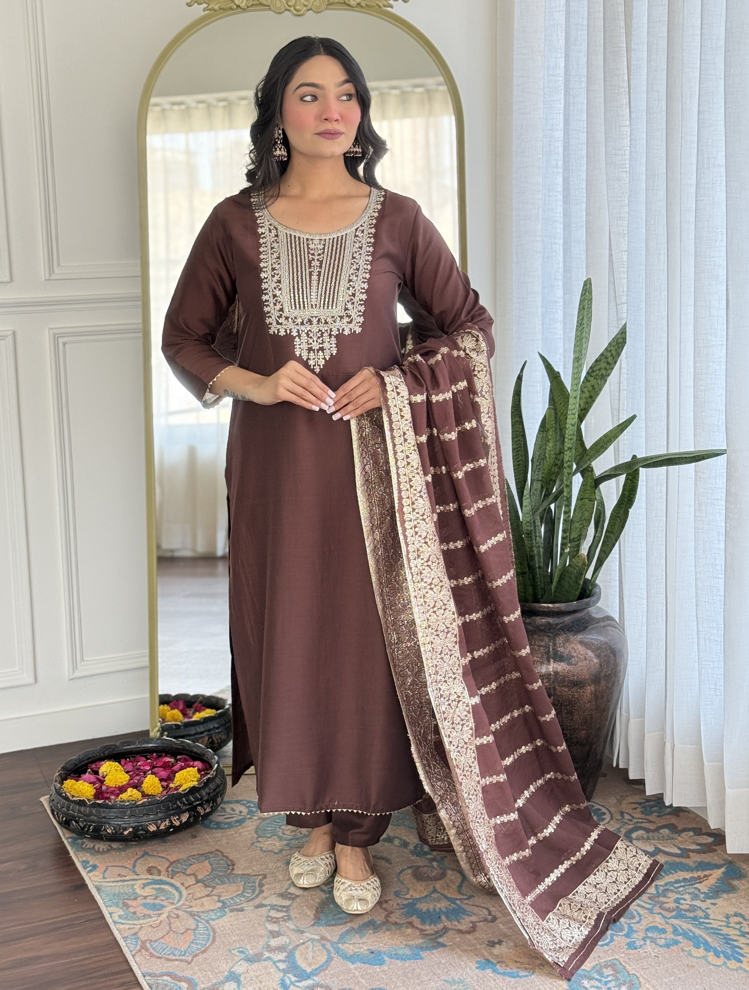 Brown yoke design kurta with trousers and dupatta.