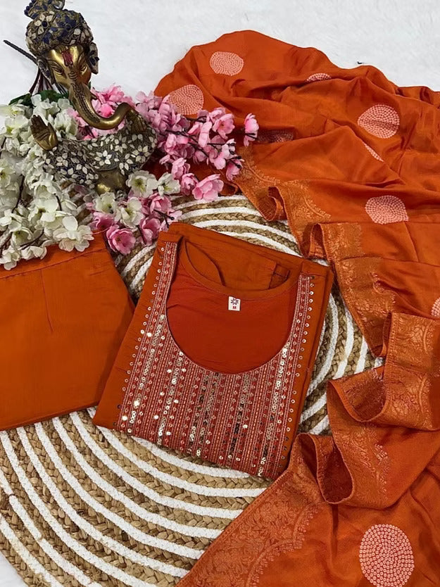 Women Cotton Silk  Kurta Pant Dupatta Set