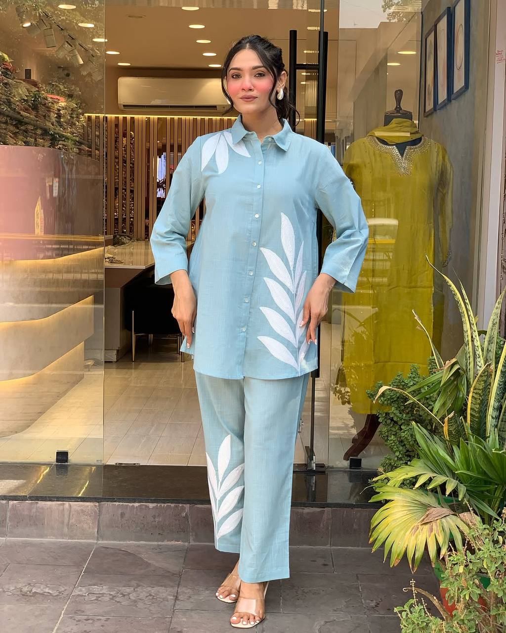 Women’s Solid Co-Ord Set with Leaf Print – Stylish Shirt & Pant Set for Casual & Office Wear
