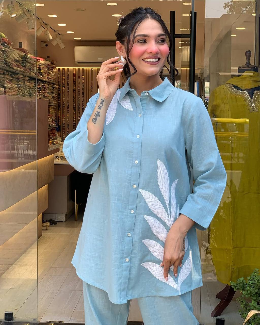 Women’s Solid Co-Ord Set with Leaf Print – Stylish Shirt & Pant Set for Casual & Office Wear