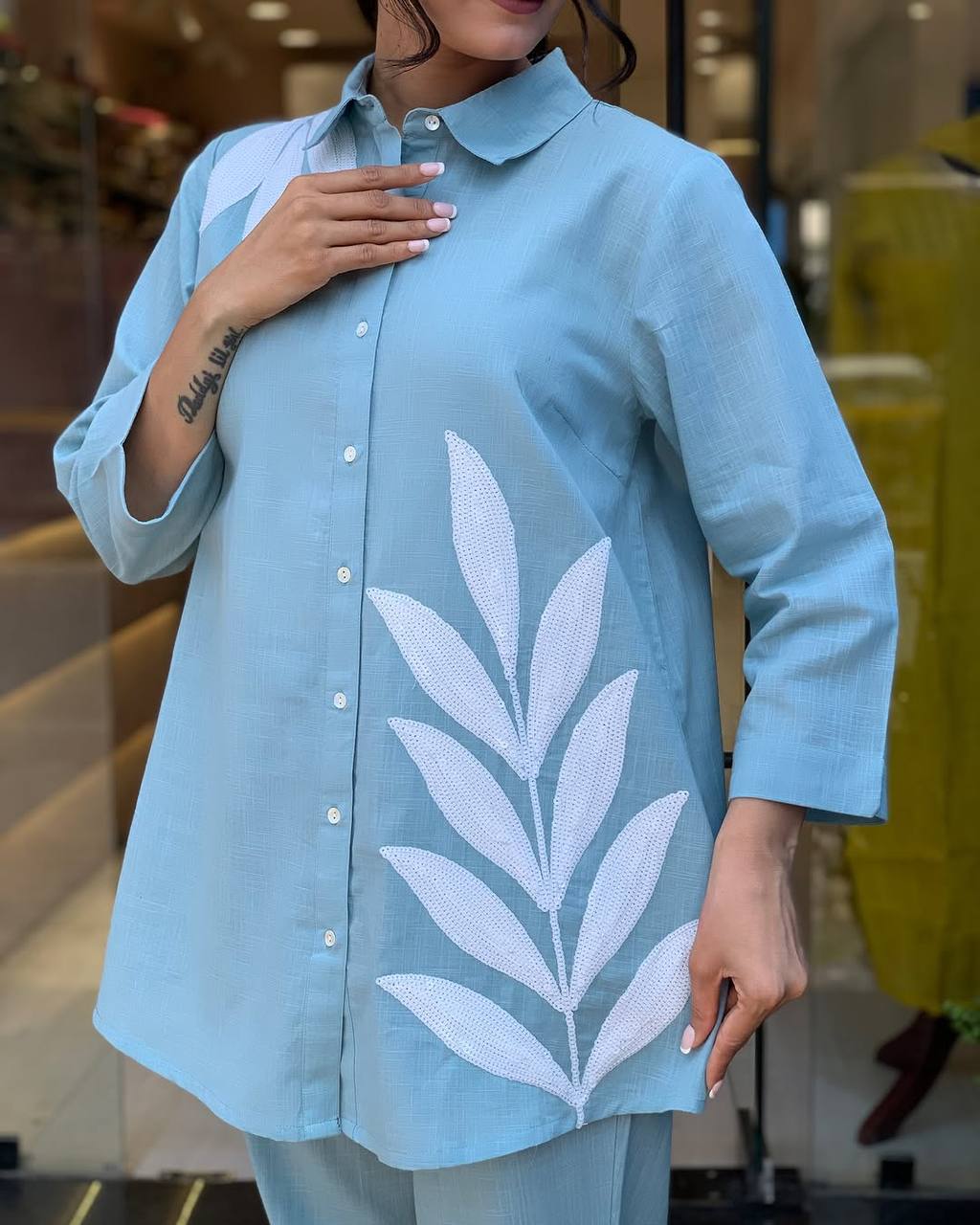 Women’s Solid Co-Ord Set with Leaf Print – Stylish Shirt & Pant Set for Casual & Office Wear