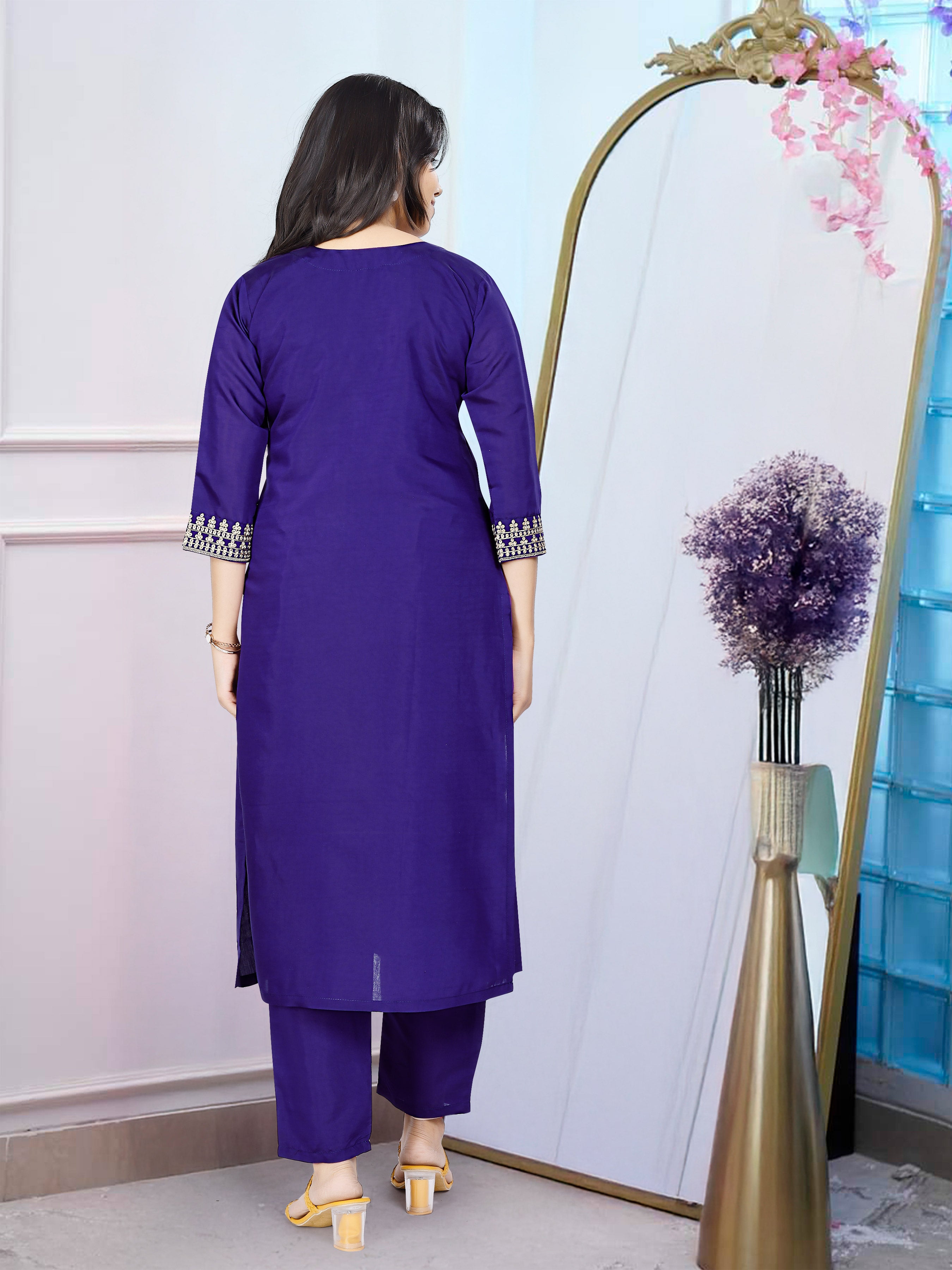 Women’s Embroidered Kurti Pant Dupatta Set – Royal Purple