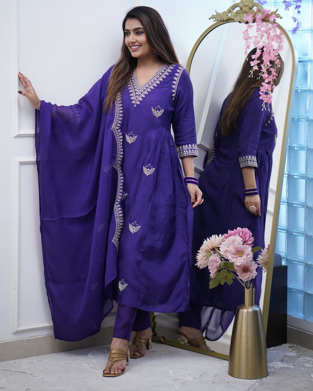 Women’s Embroidered Kurti Pant Dupatta Set – Royal Purple