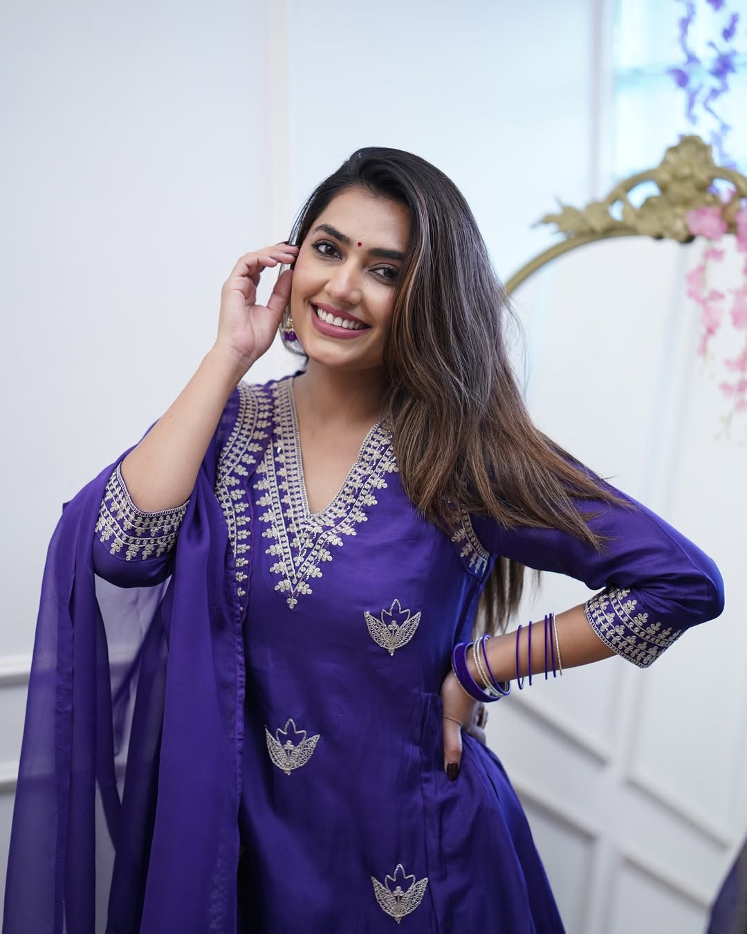 Women’s Embroidered Kurti Pant Dupatta Set – Royal Purple