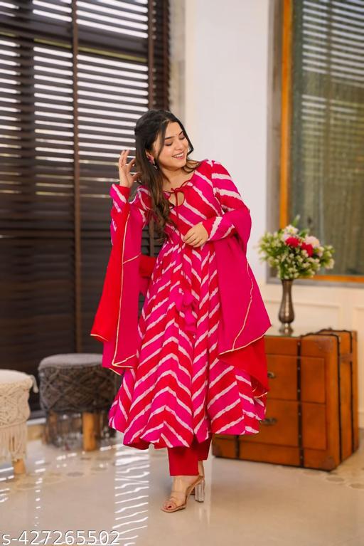 Women’s Red Leheriya Kurti Pant Dupatta Set