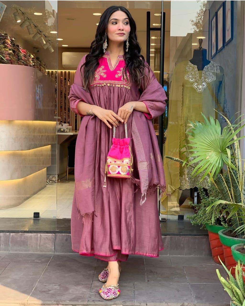 Designer Chanderi Kurti Pant Dupatta Set for Women