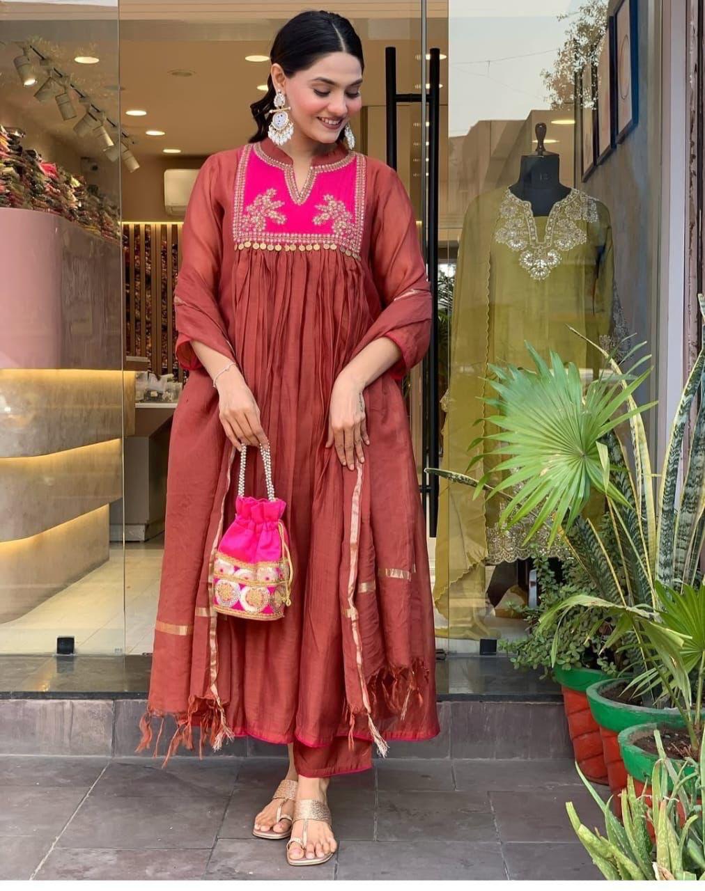 Women’s Chanderi Embroidered Suit Set with Pant & Dupatta