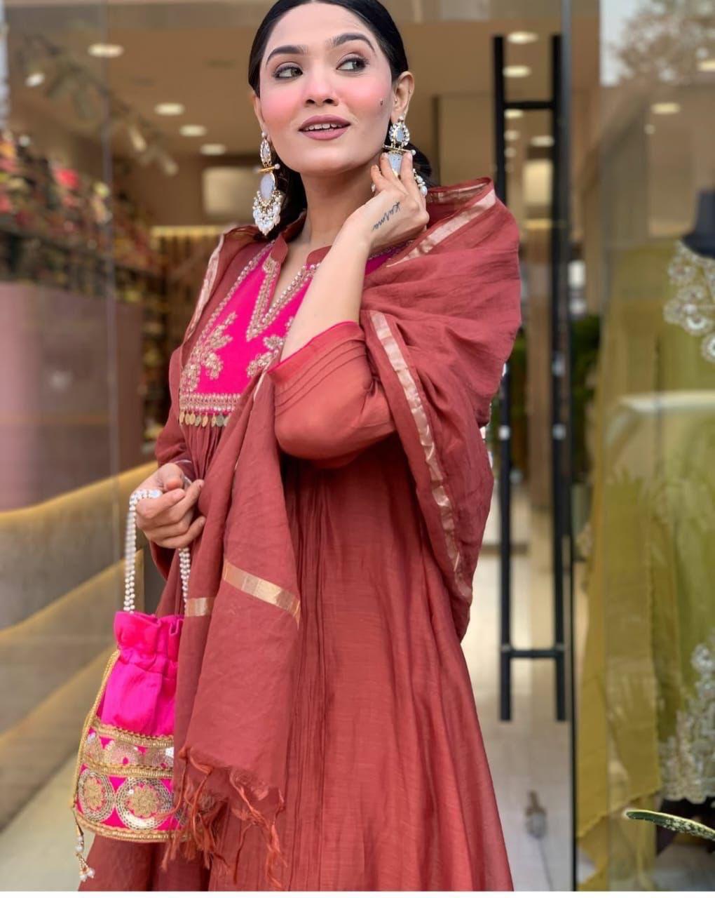 Women’s Chanderi Embroidered Suit Set with Pant & Dupatta