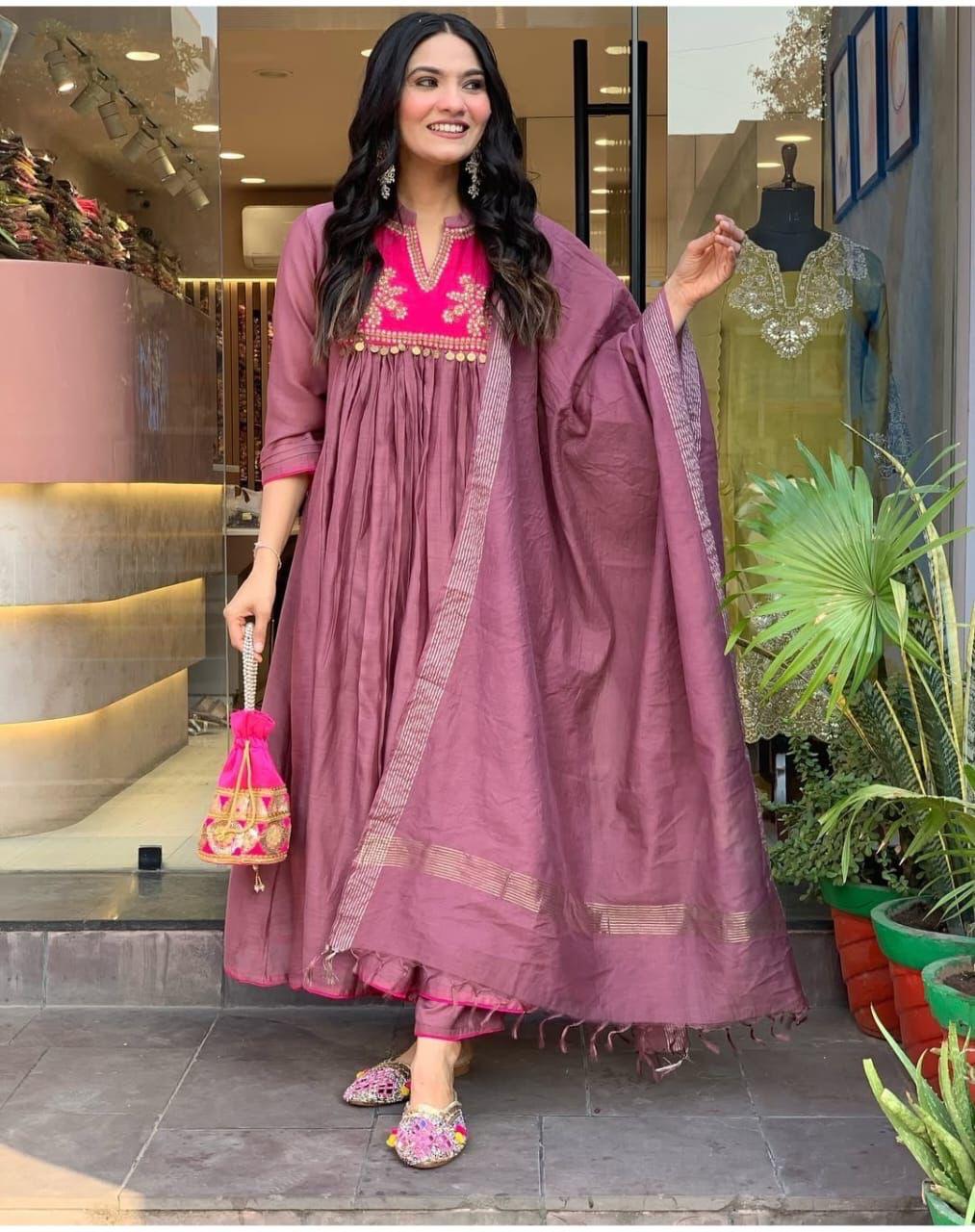 Designer Chanderi Kurti Pant Dupatta Set for Women