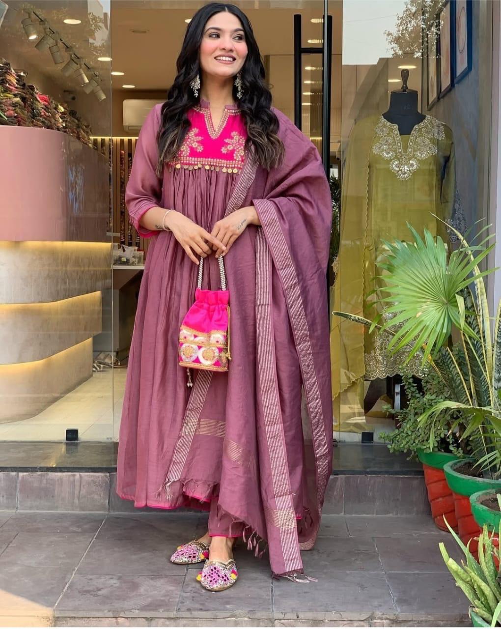 Designer Chanderi Kurti Pant Dupatta Set for Women