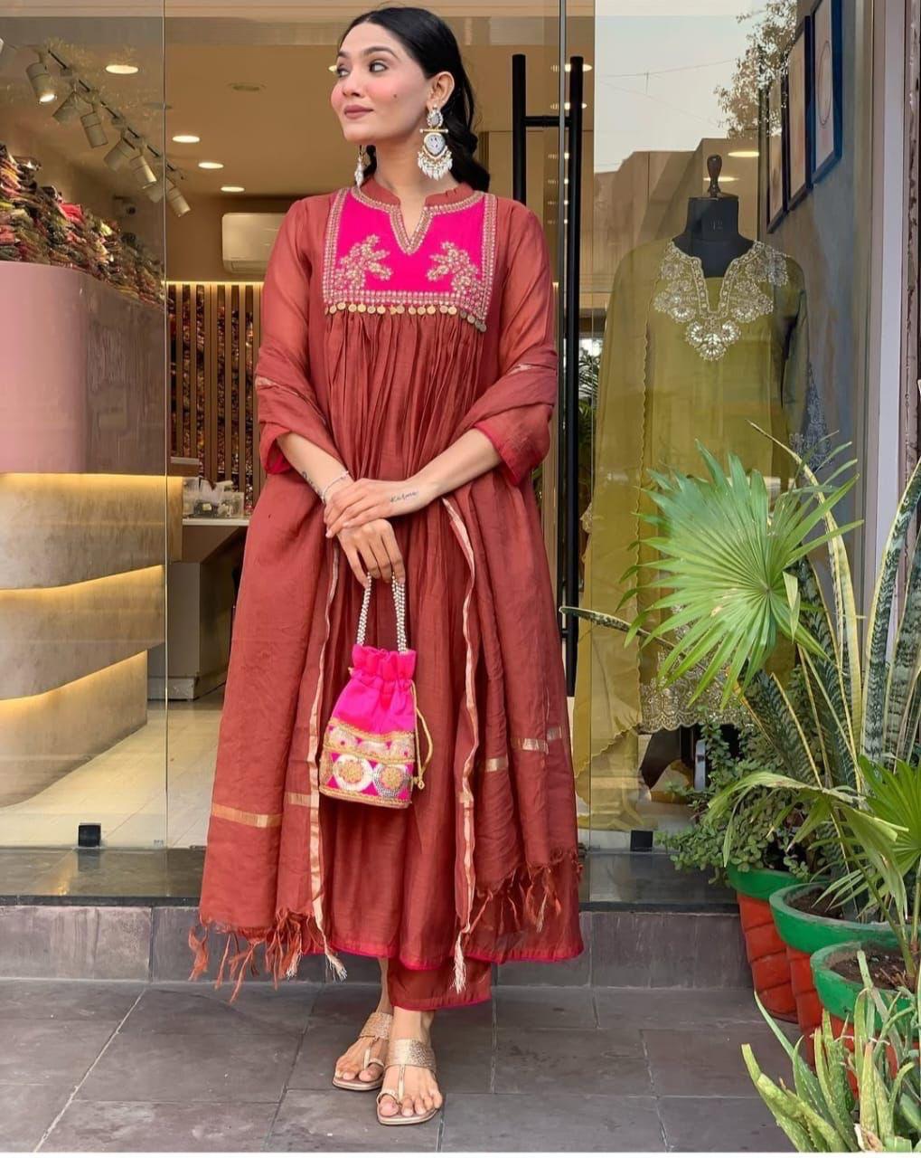 Women’s Chanderi Embroidered Suit Set with Pant & Dupatta